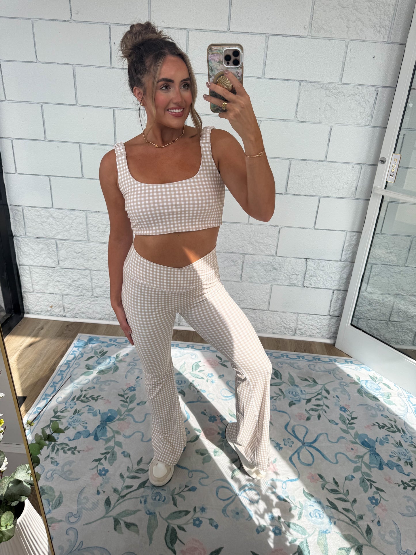 Beige Gingham Athletic Set