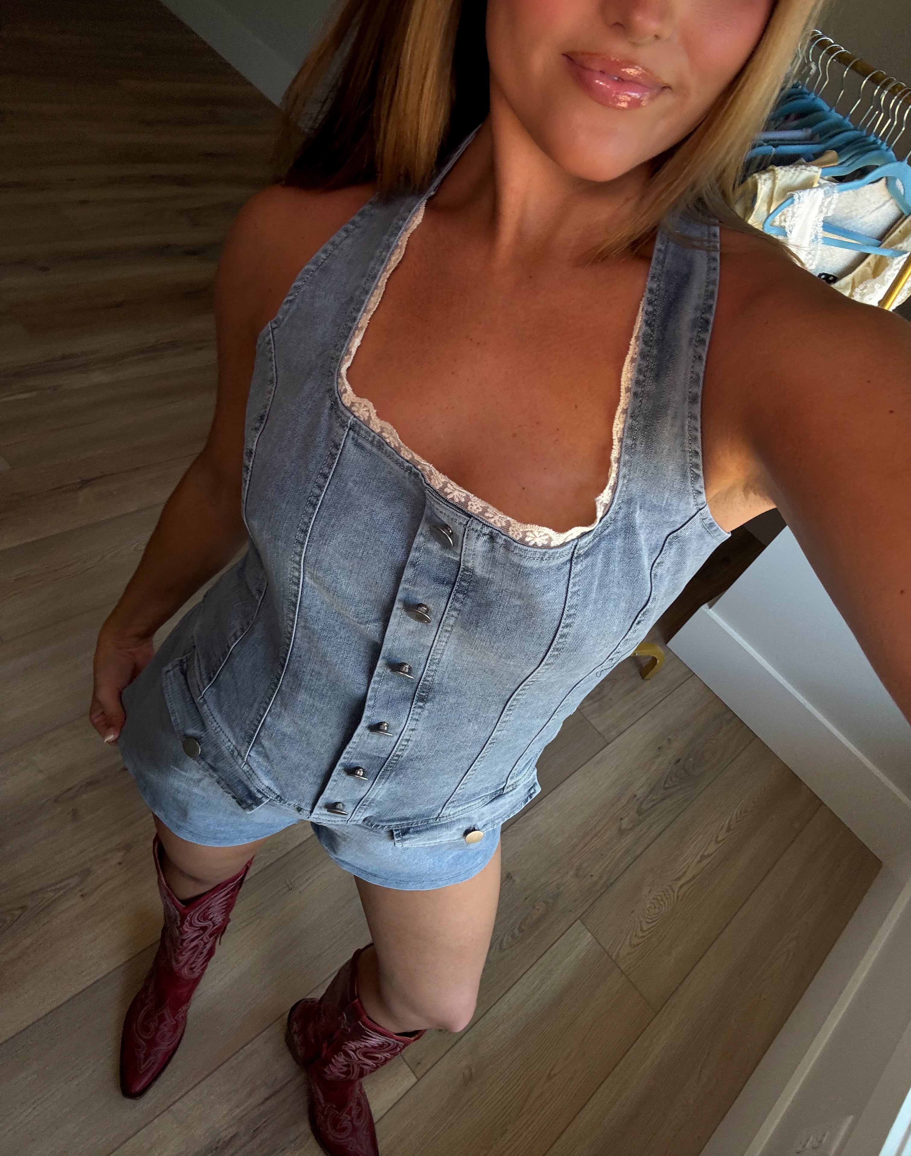 Lace Detail Denim Romper