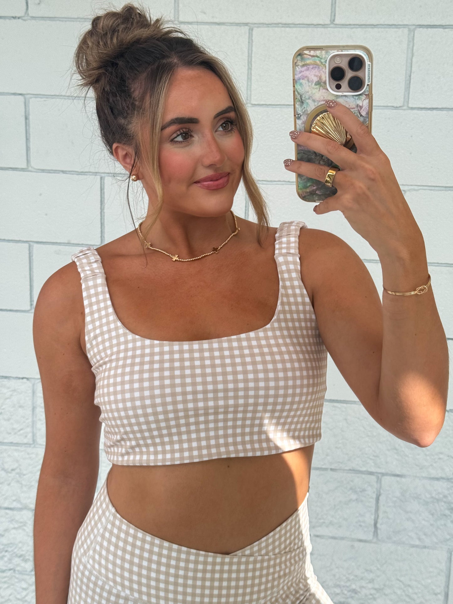 Beige Gingham Athletic Set
