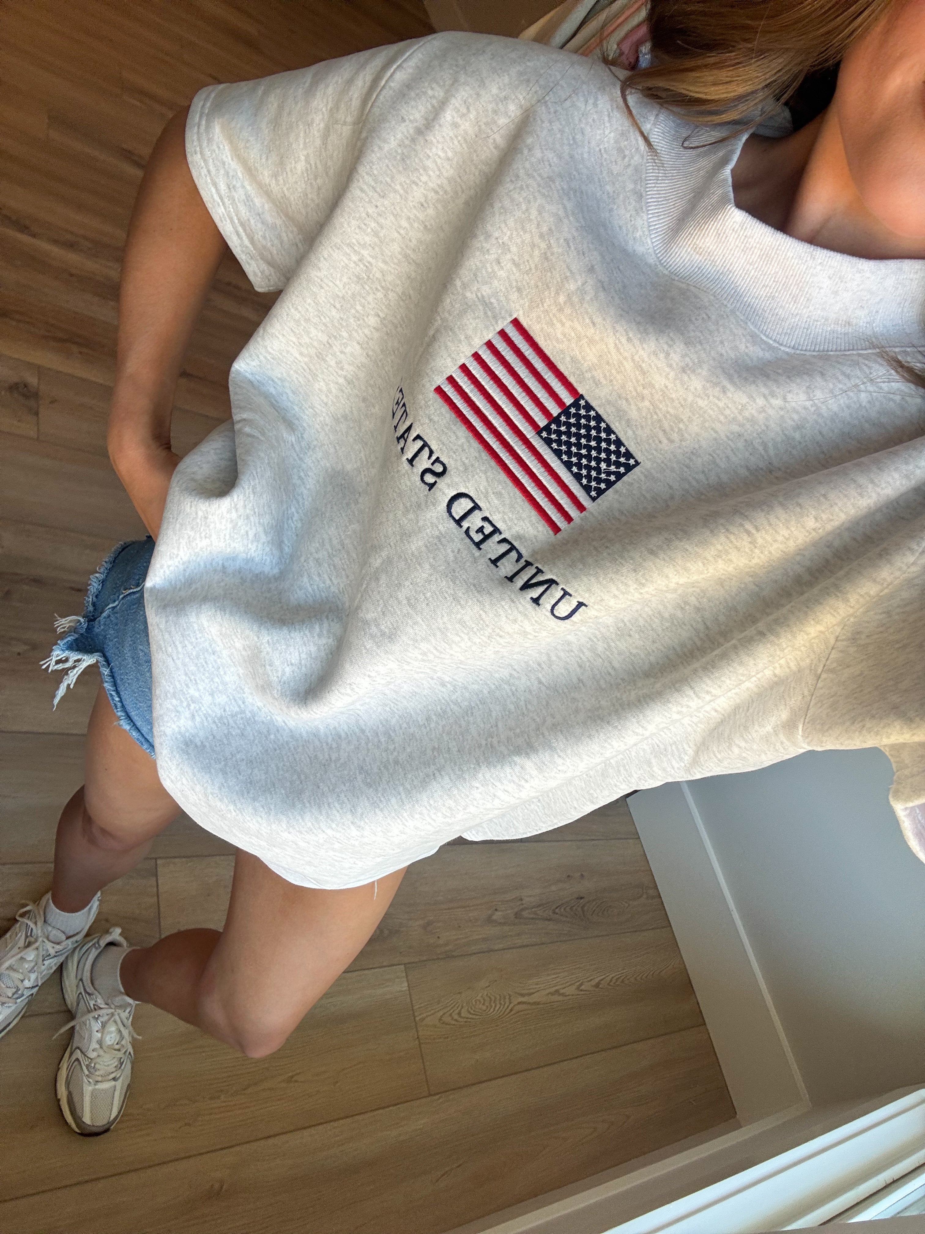 United States Flag Embroider Mockneck Short Sleeve Sweatshirt