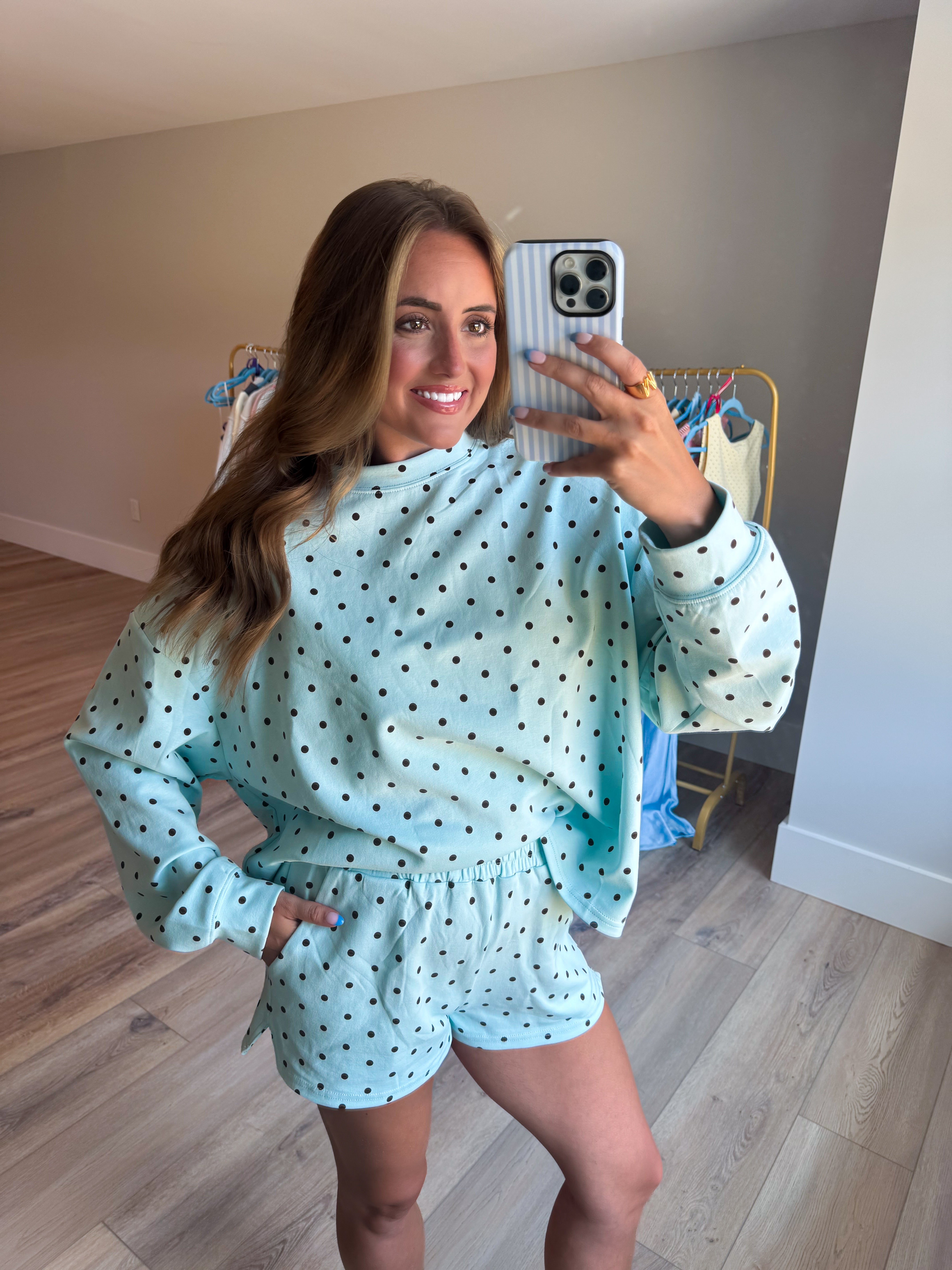 Baby Blue/Brown Polka Dot Elastic Waistband Athletic Shorts