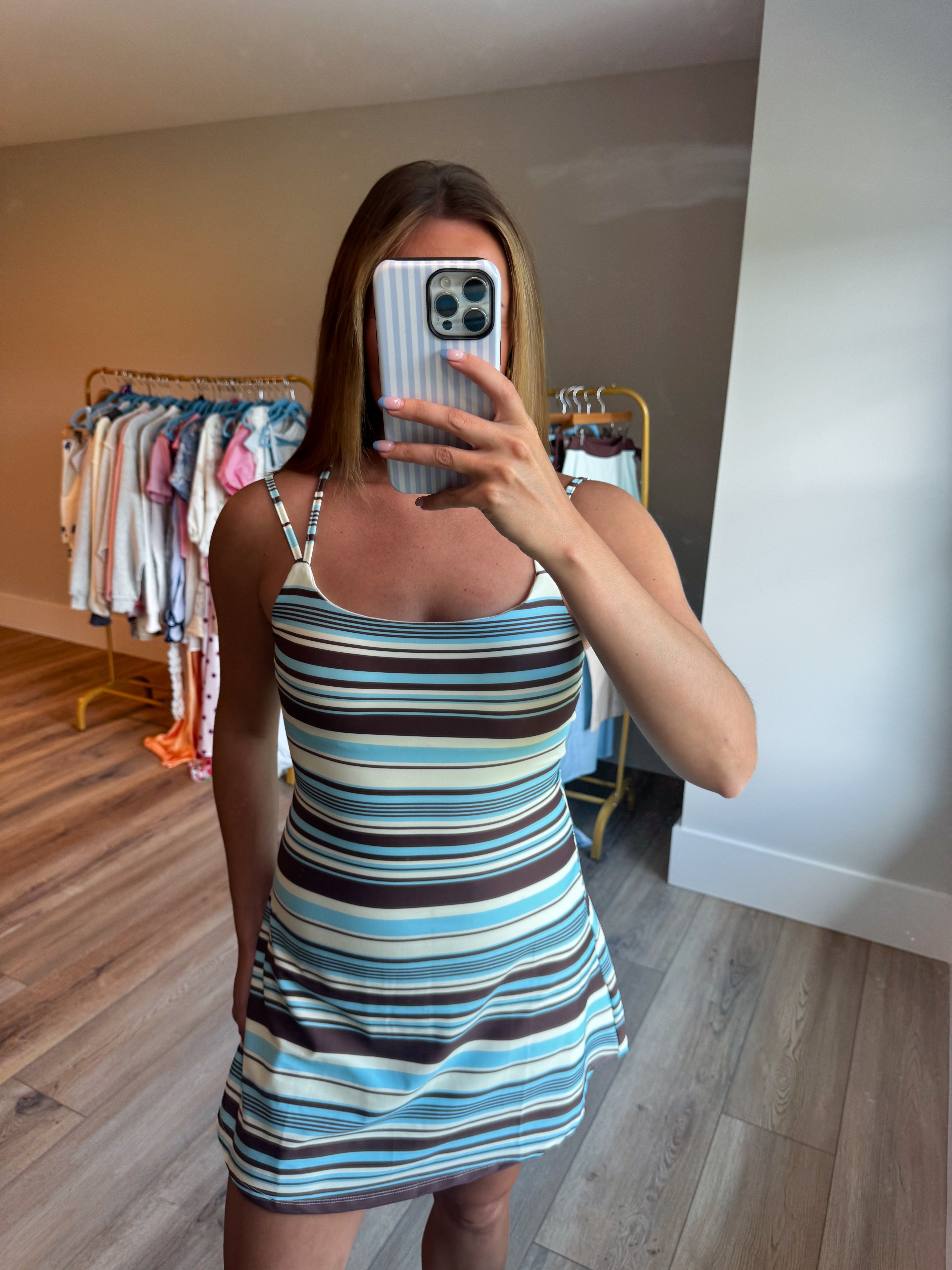 Stripe Print Athleisure Dress - Blue