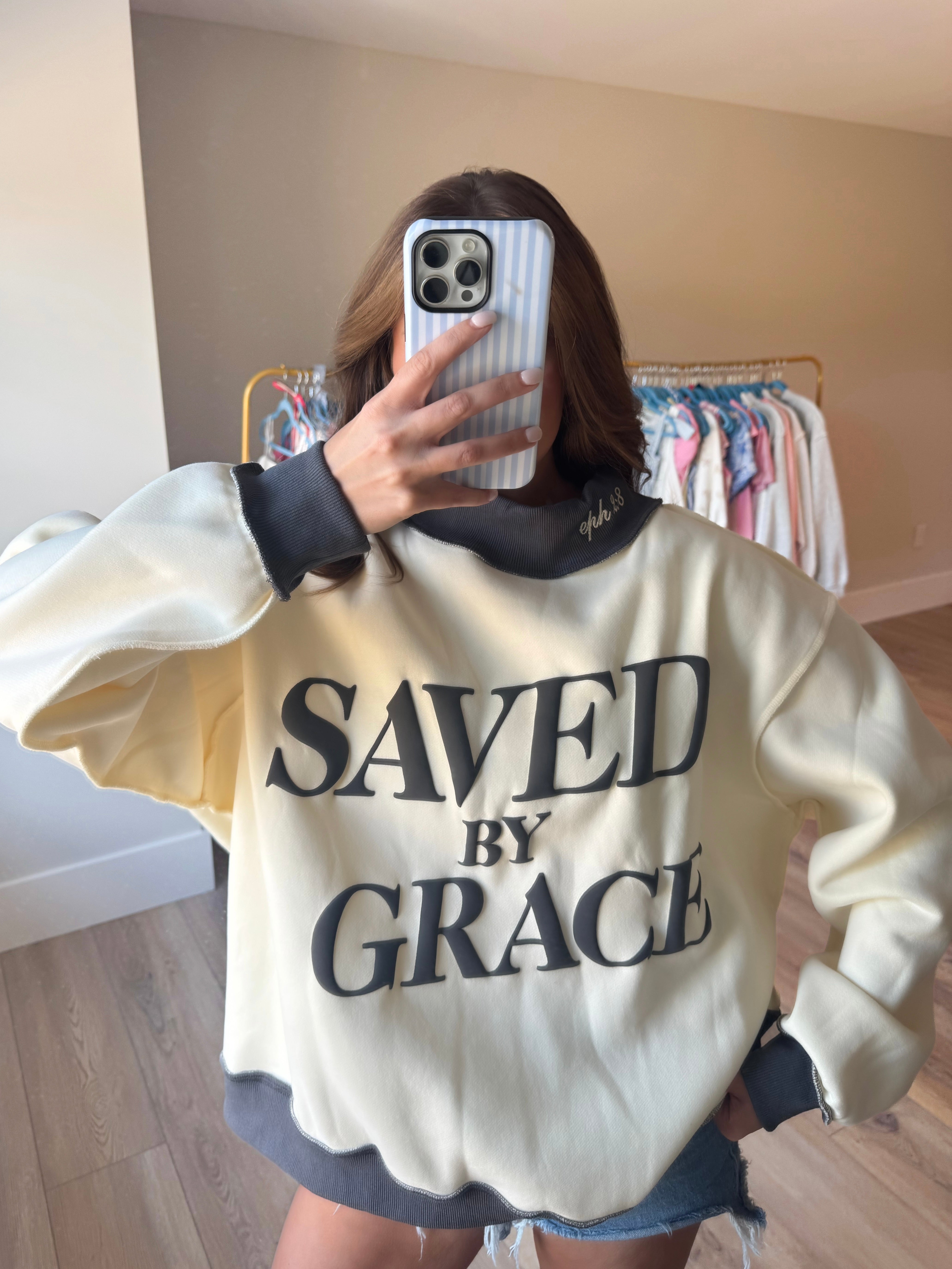 Saved By Grace Puff Print Mockneck