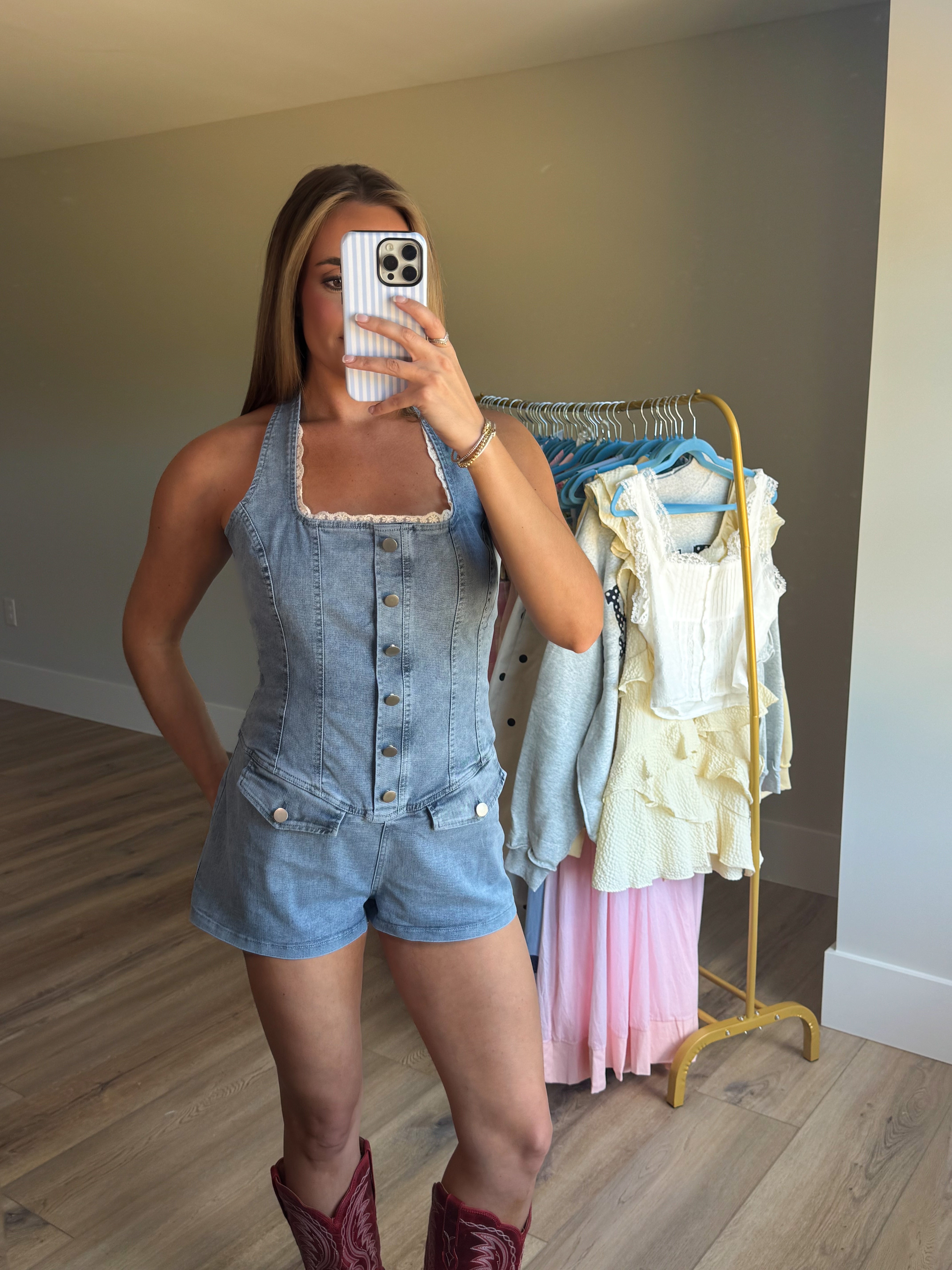 Lace Detail Denim Romper