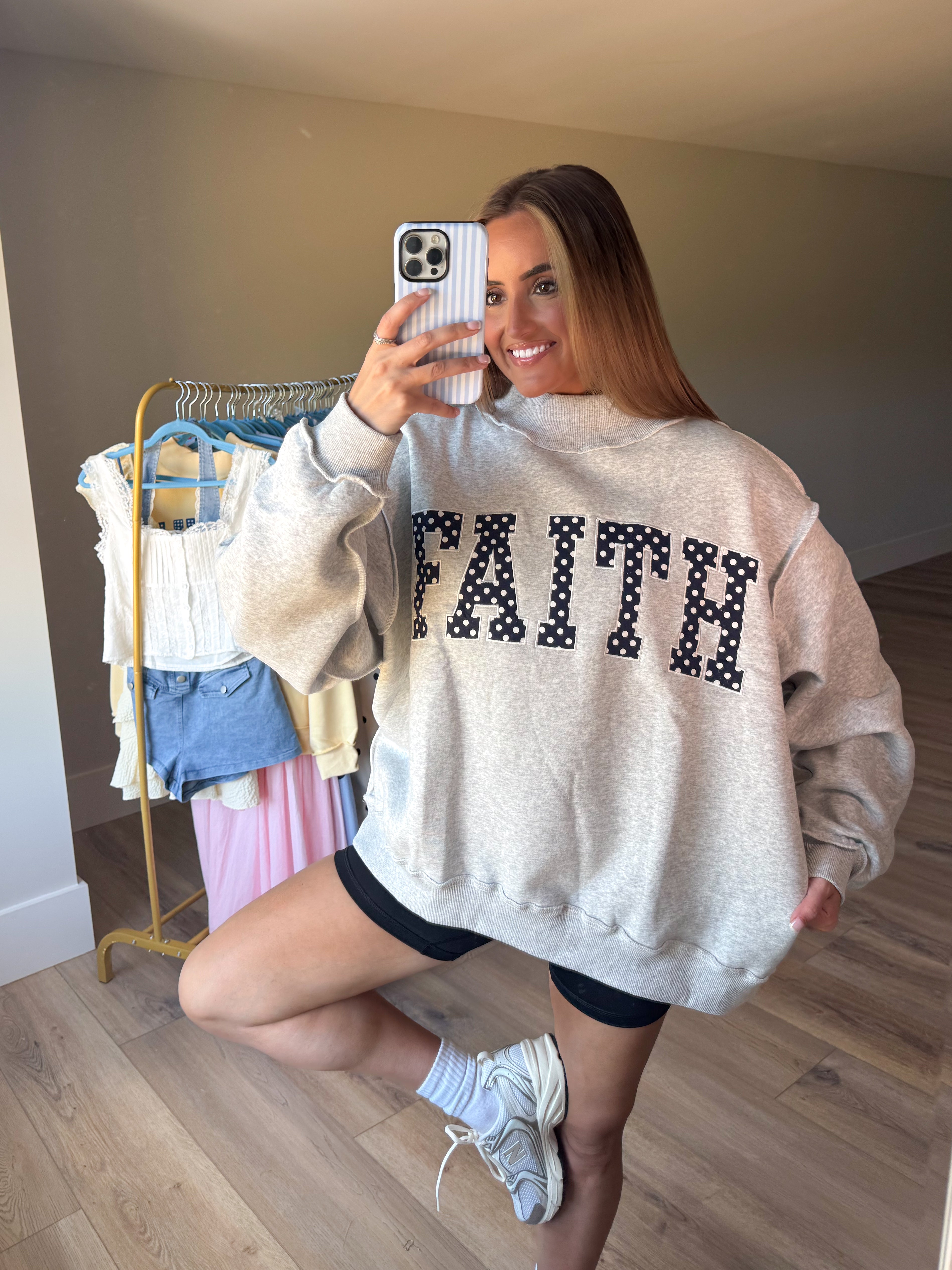 'Faith' Polka Dot Embroidered Mockneck Sweatshirt