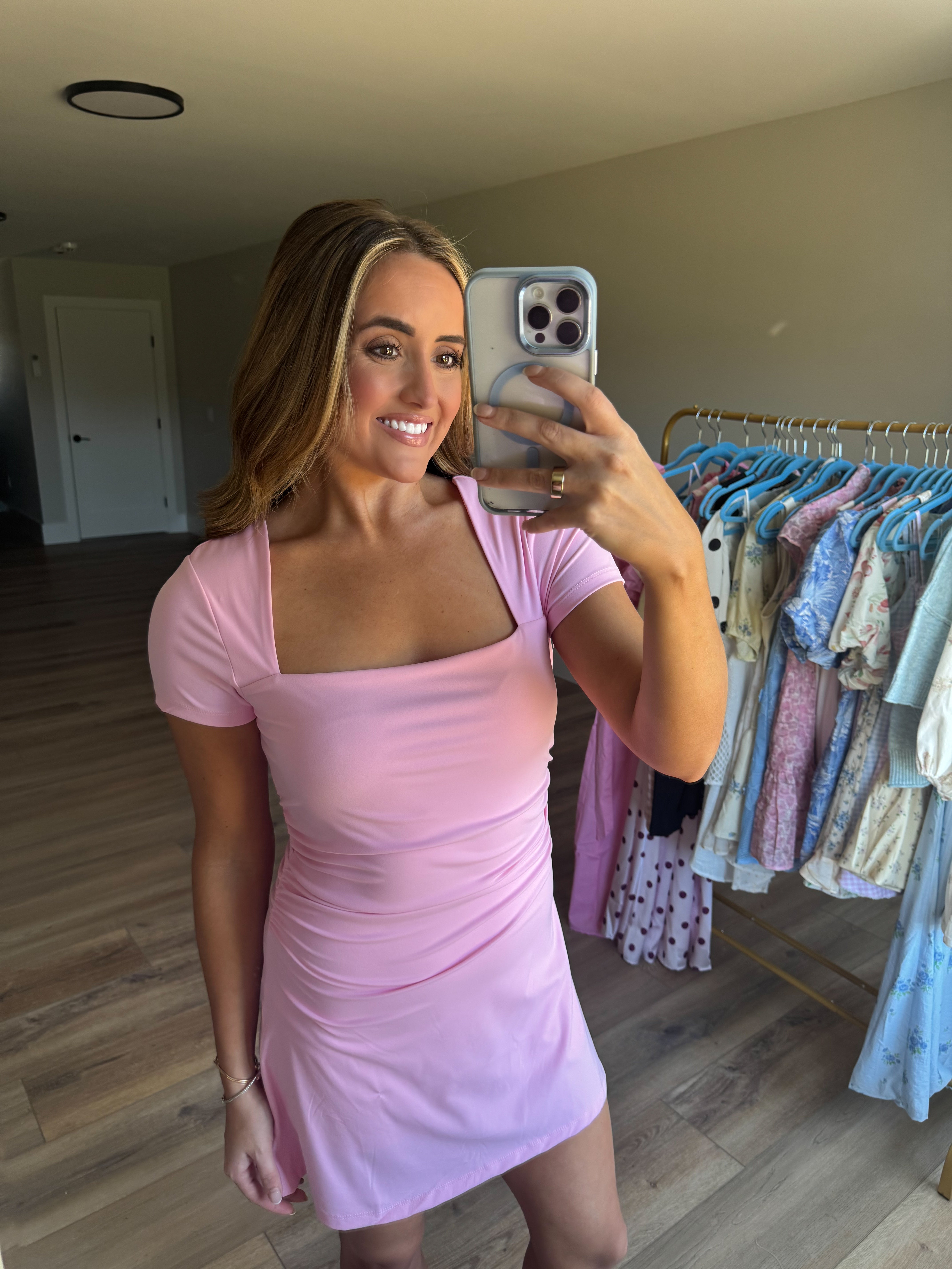 Pink Square Neckline Athleisure Dress