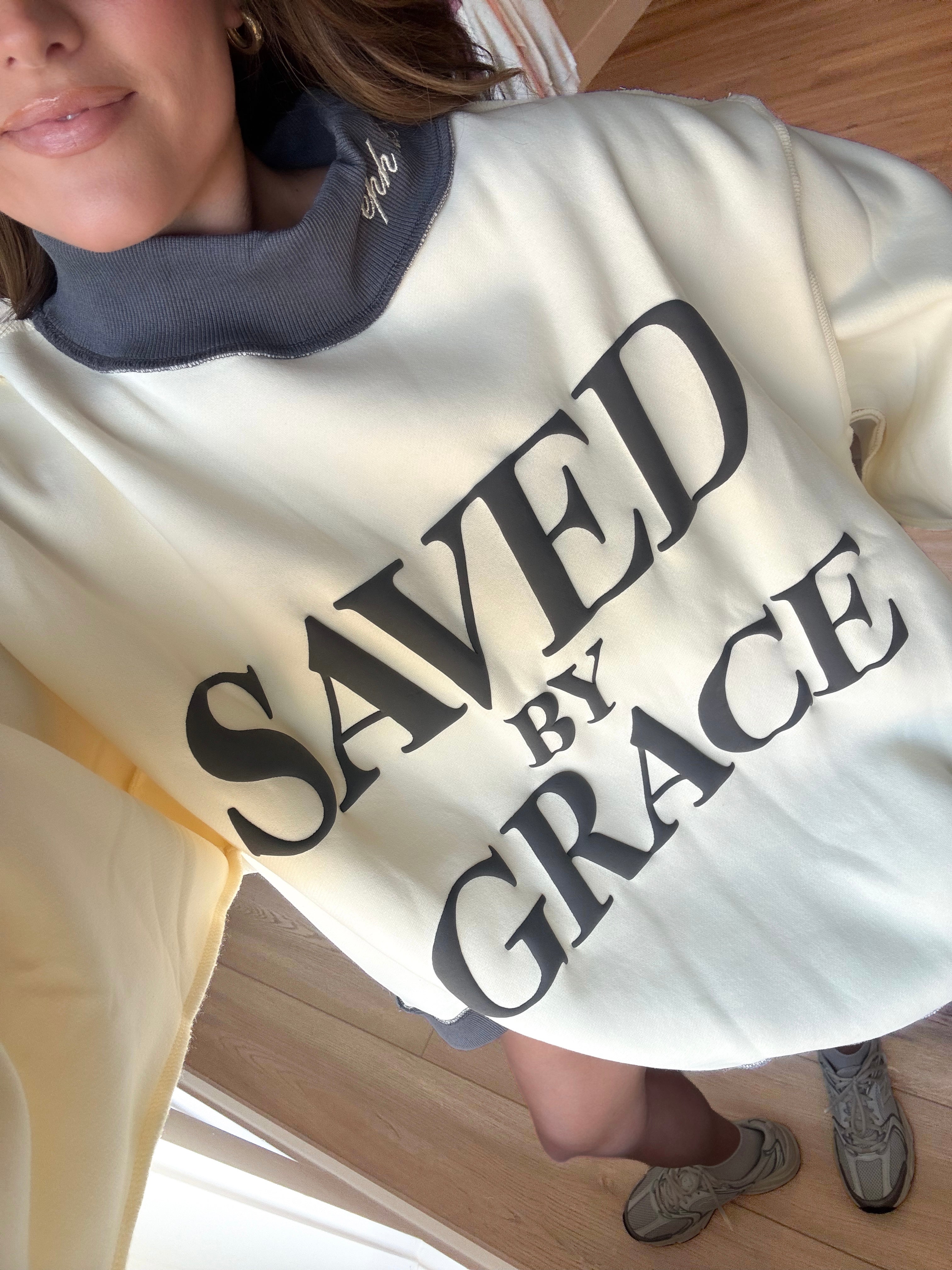 Saved By Grace Puff Print Mockneck
