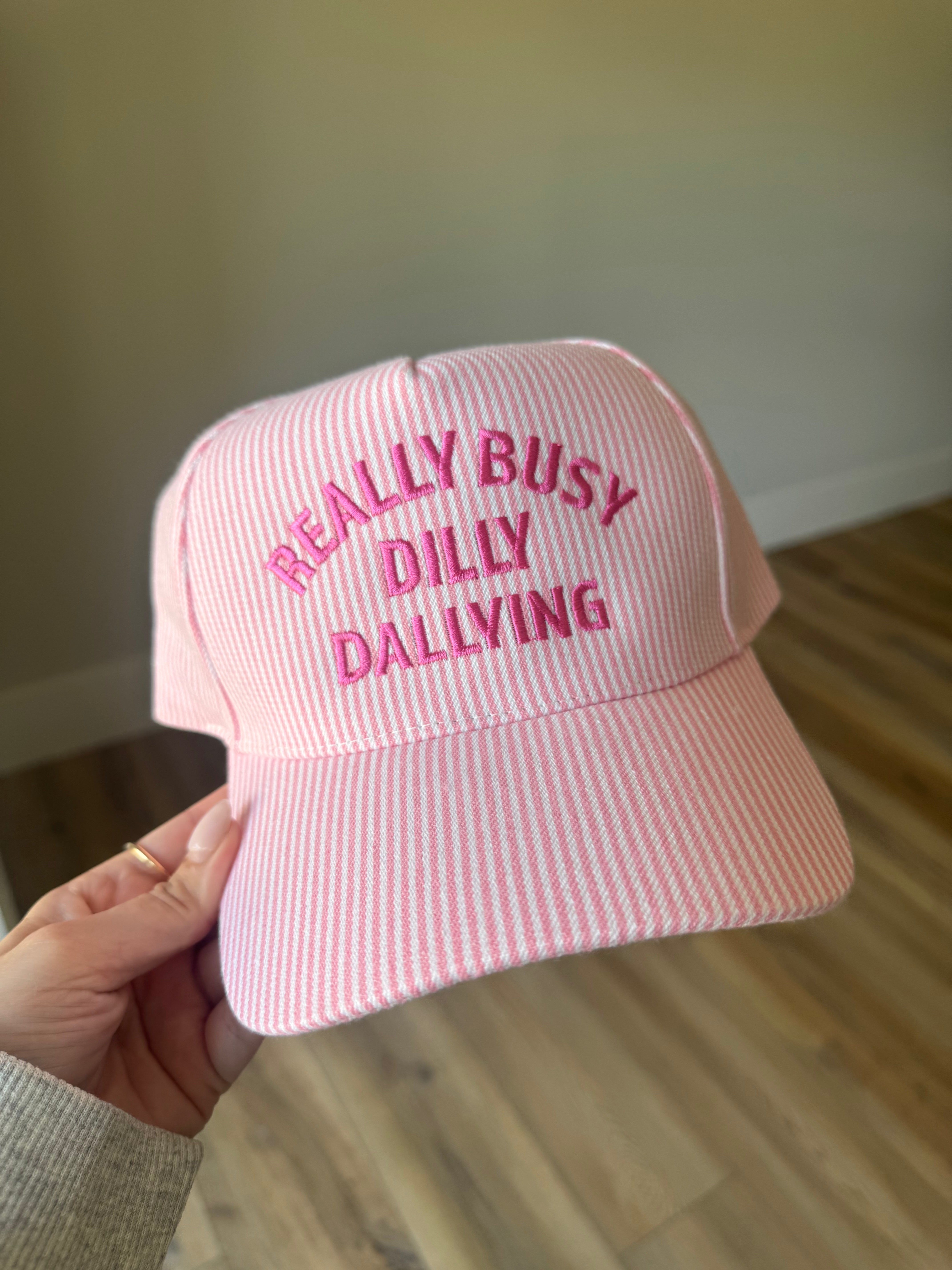 'Really Busy Dilly Dallying' Embroidered Seersucker Stripe Hat - Pink
