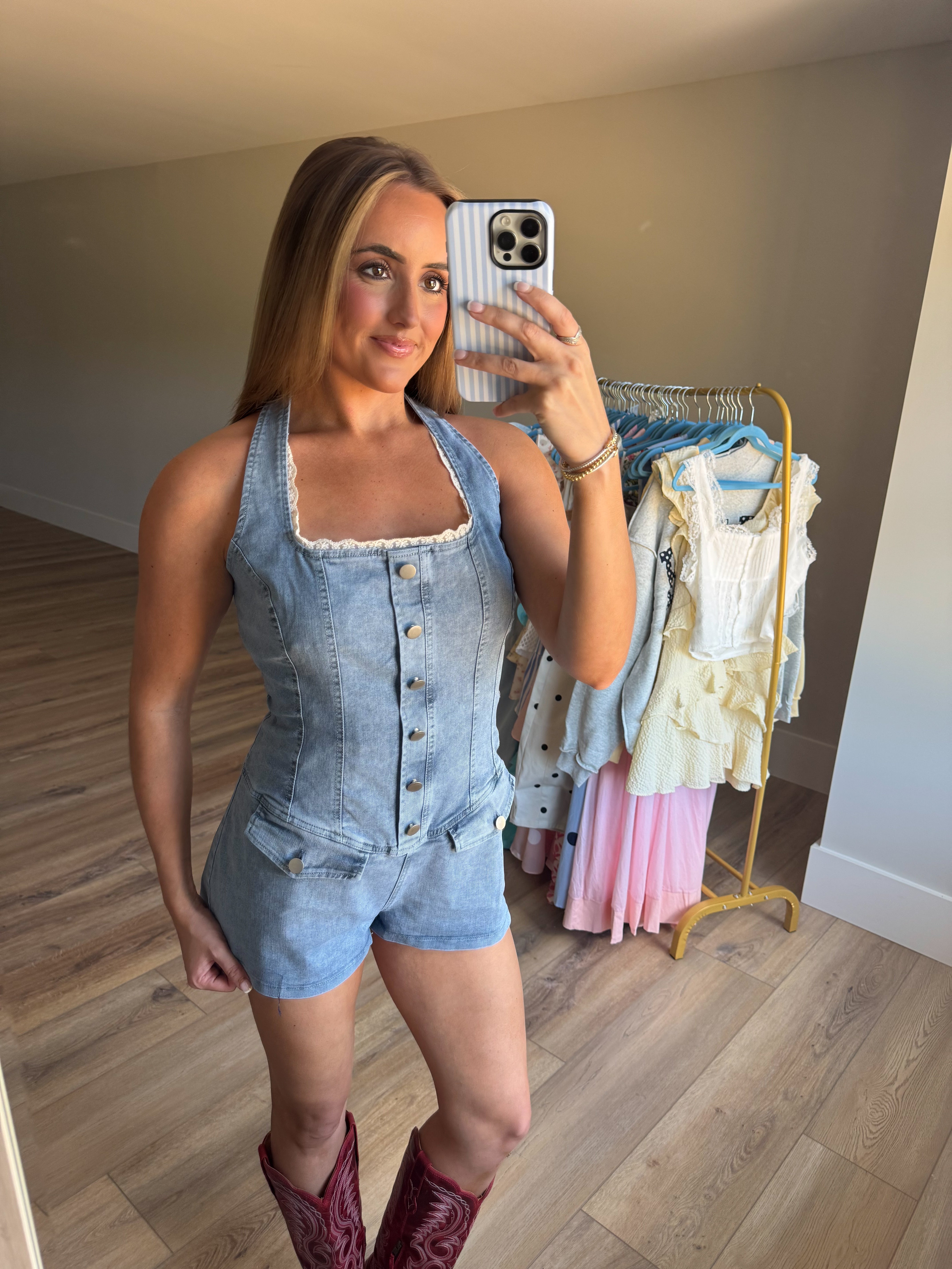 Lace Detail Denim Romper