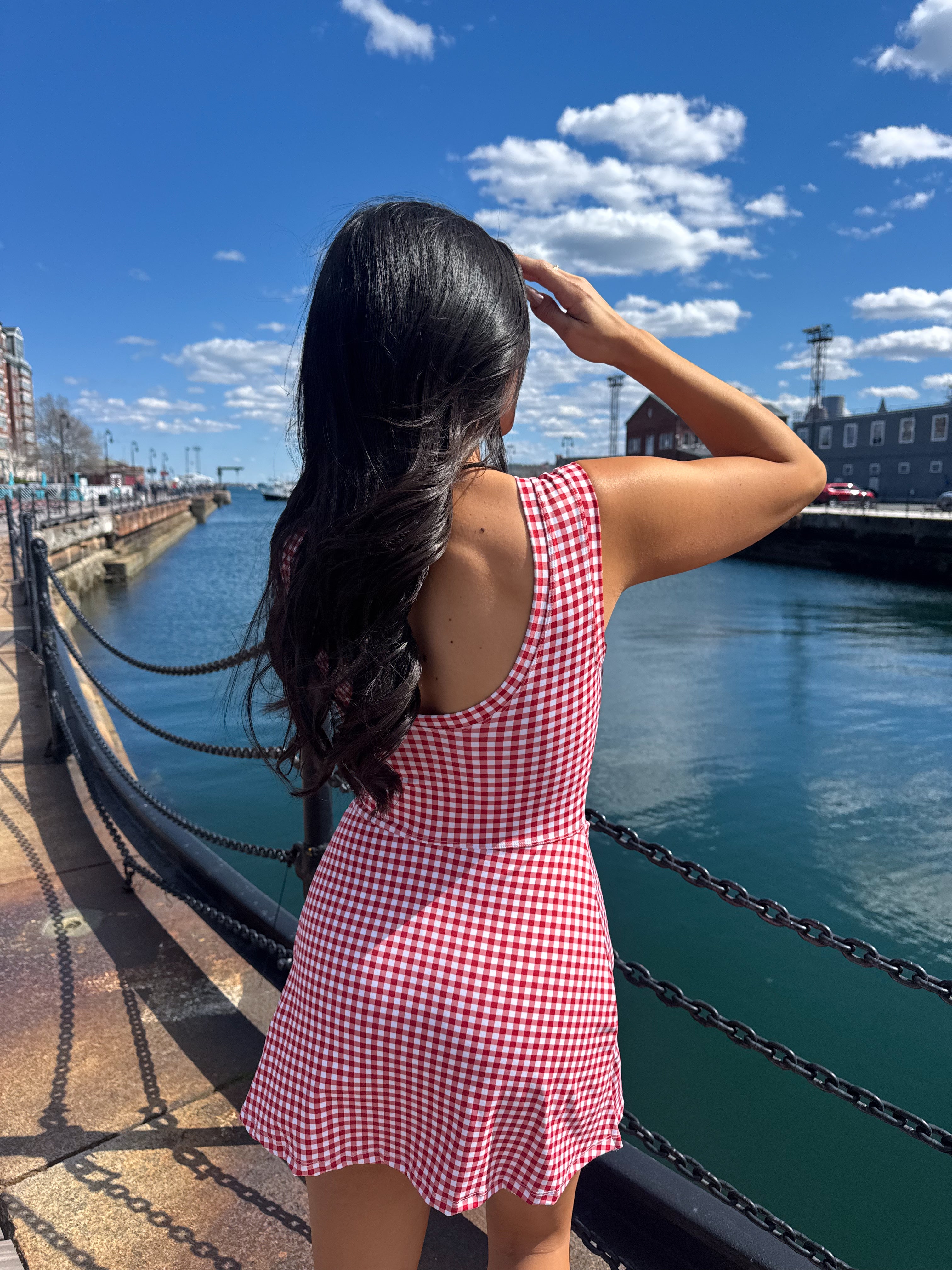 strapless open back dress Red Gingham Wrap Dress