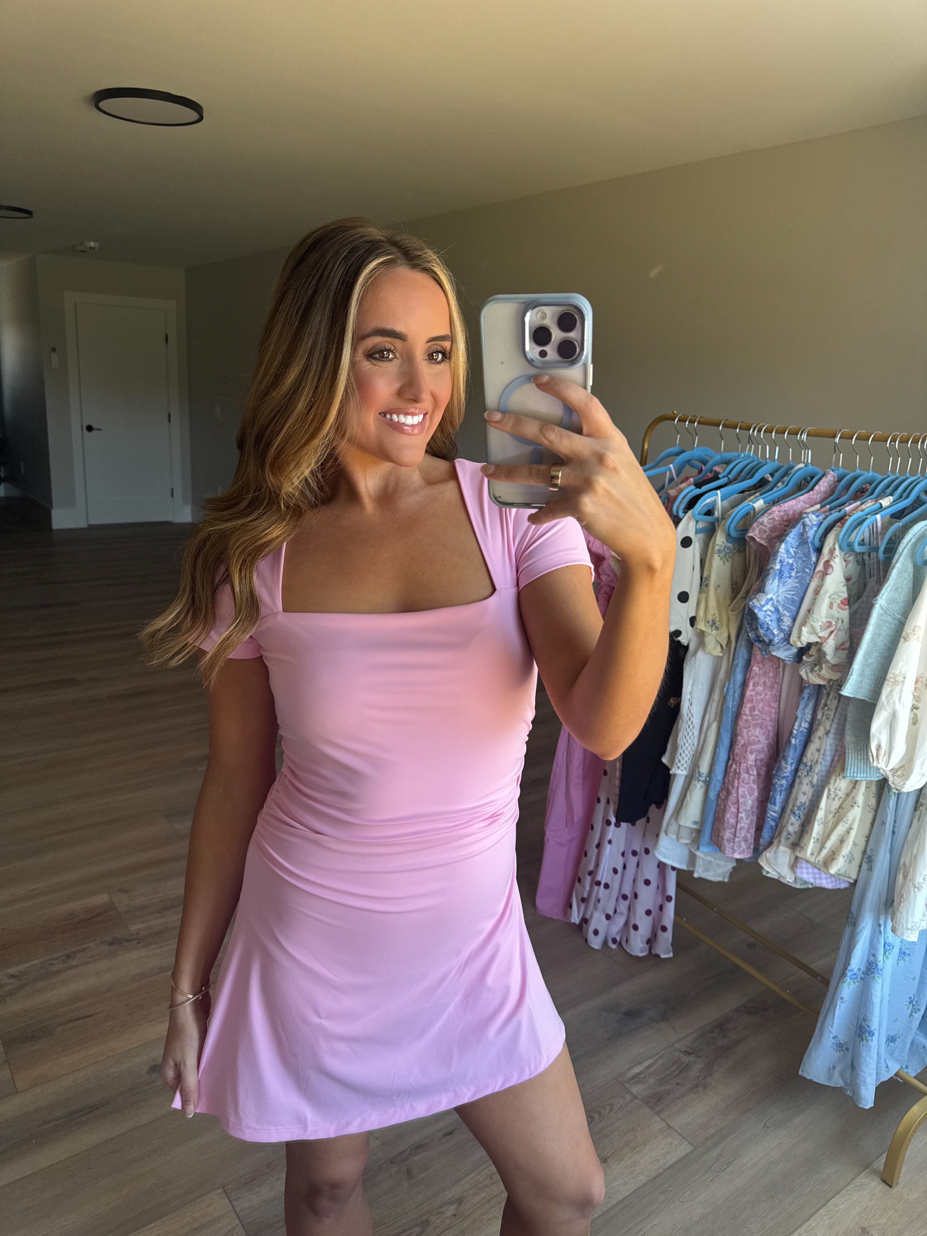 Pink Square Neckline Athleisure Dress
