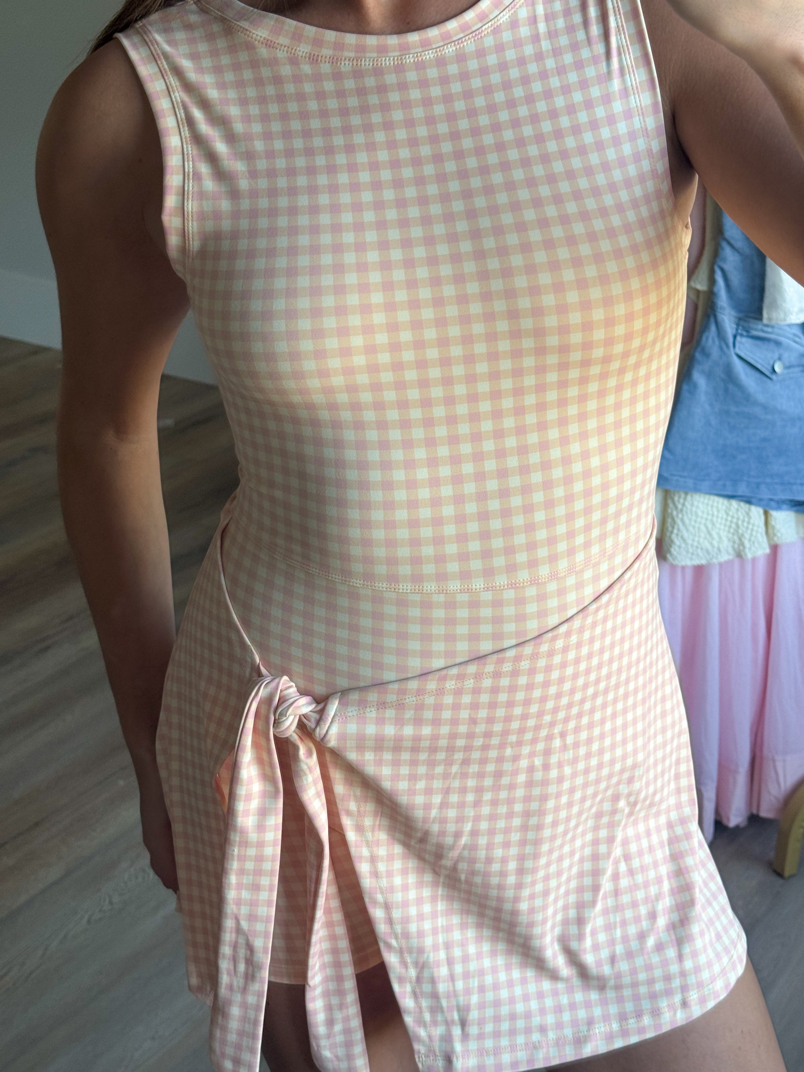 Peach Gingham Wrap Dress