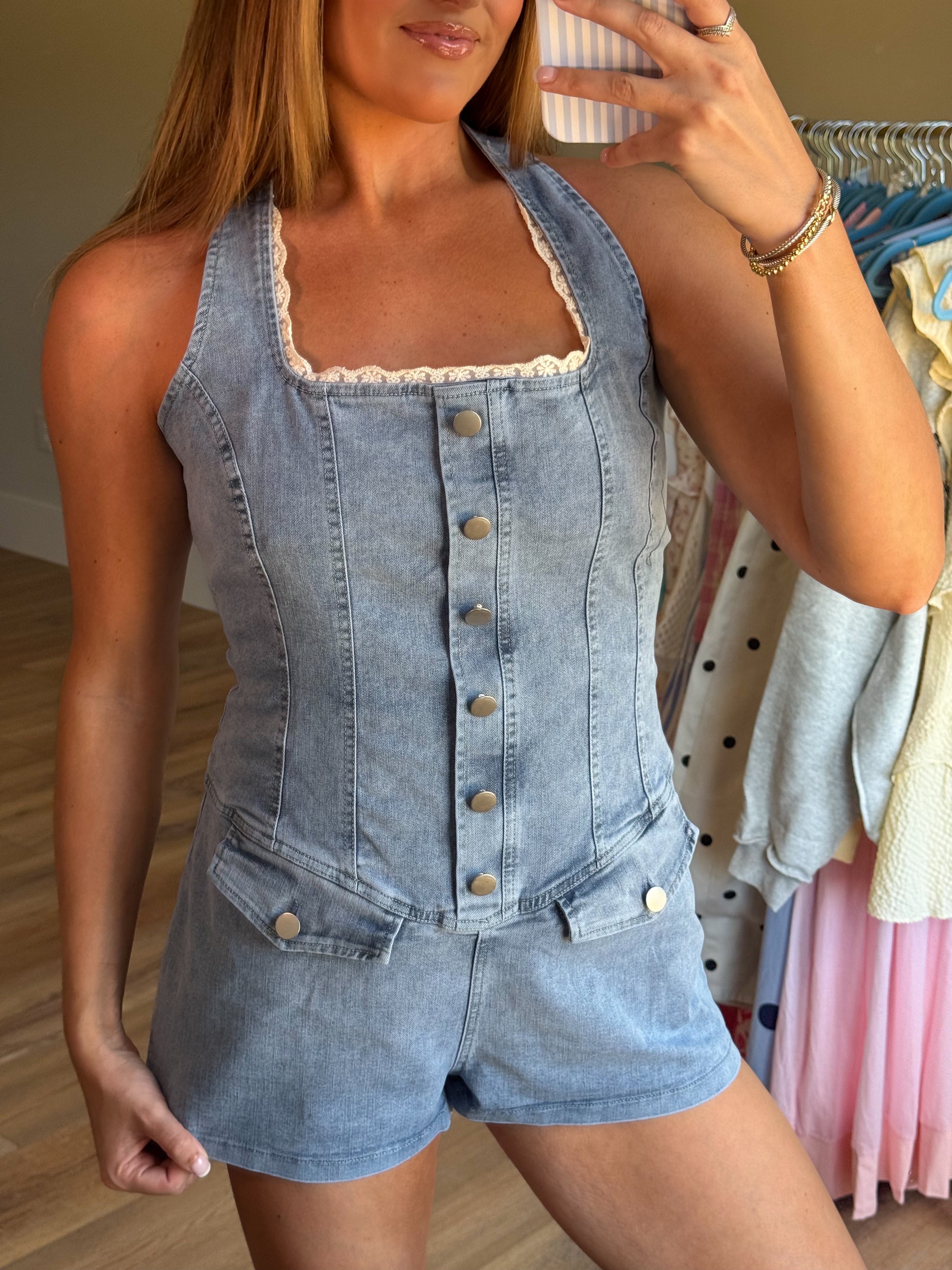 Lace Detail Denim Romper