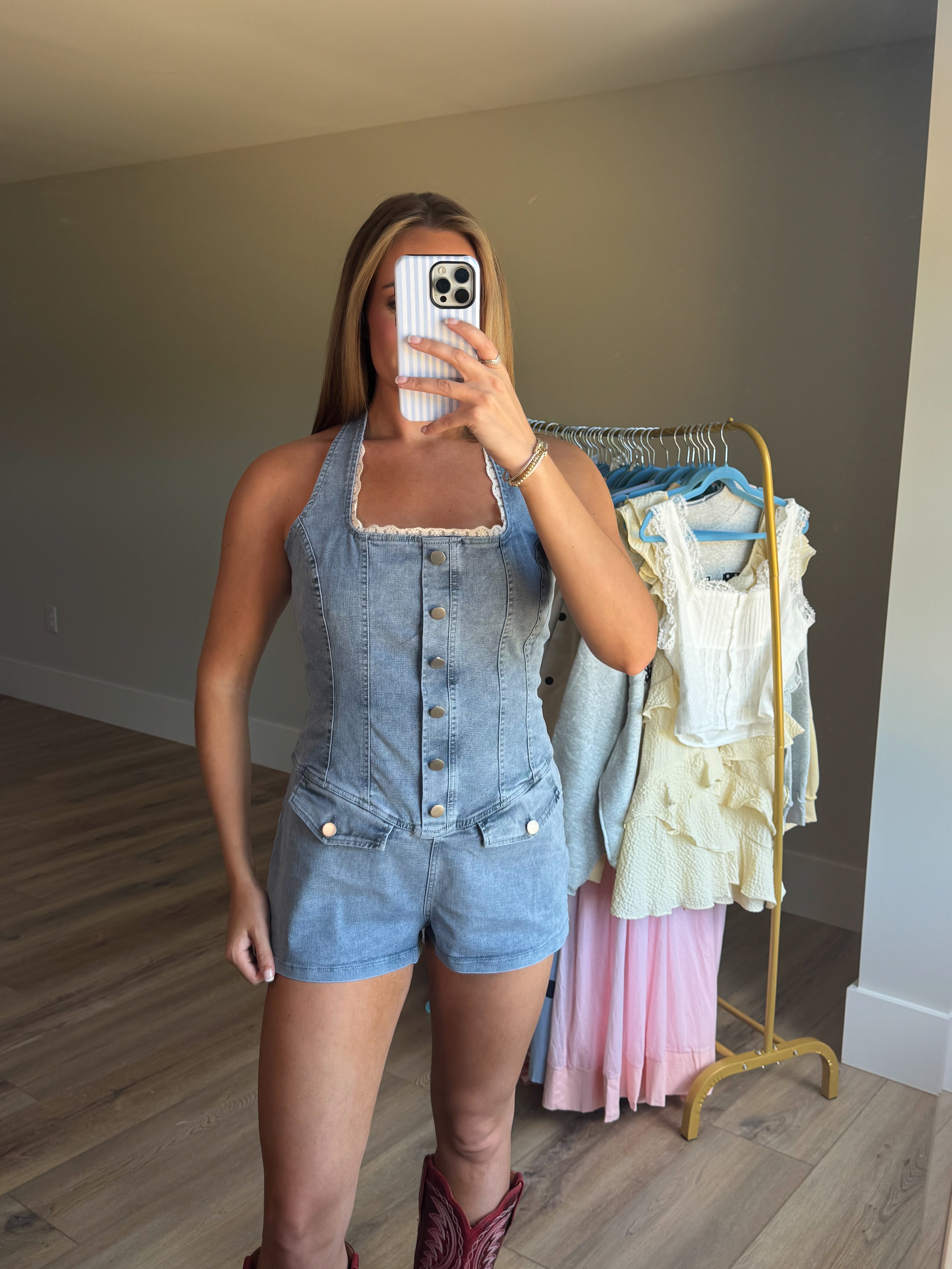 Lace Detail Denim Romper