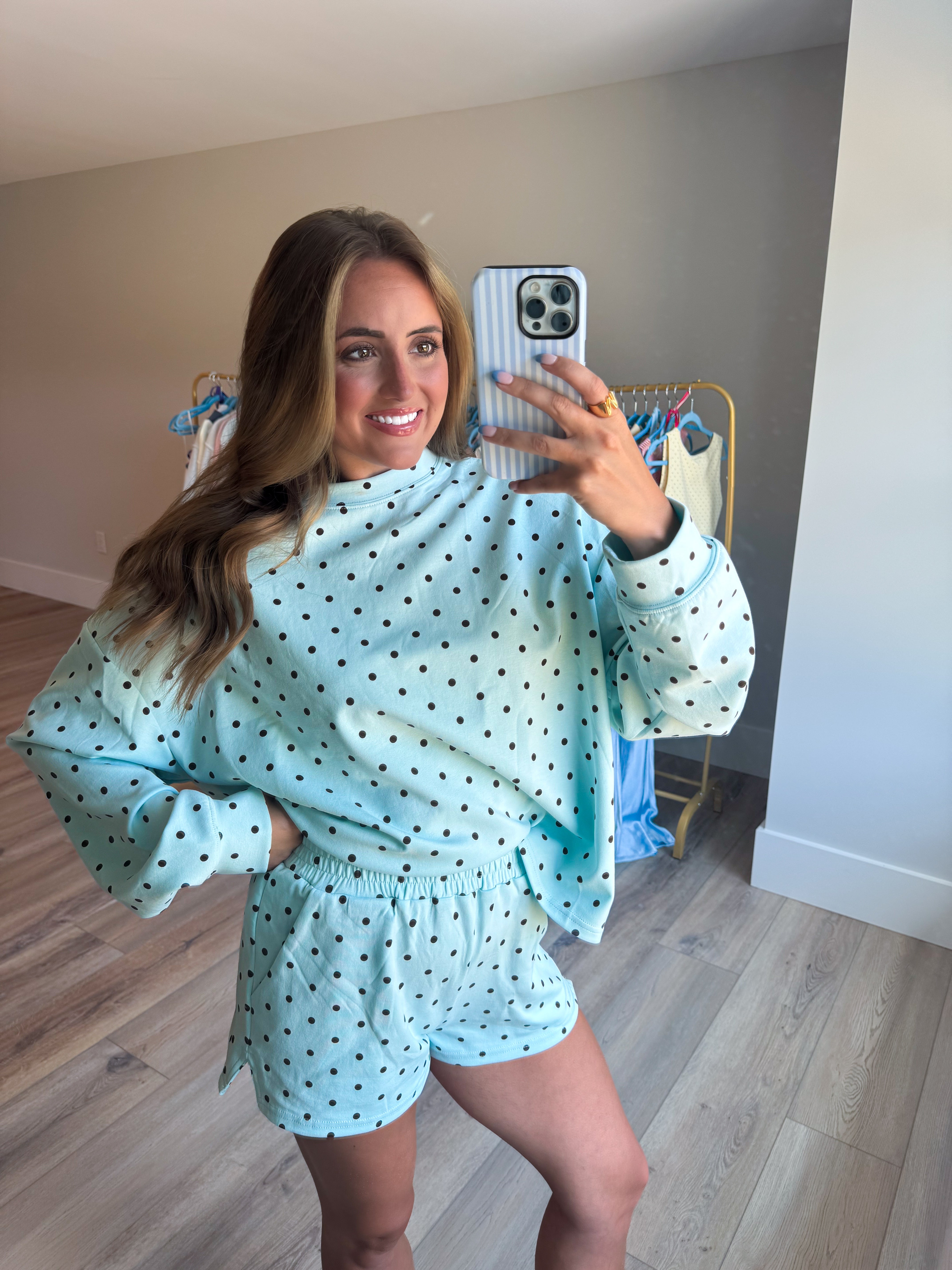 Baby Blue/Brown Polka Dot Elastic Waistband Athletic Shorts