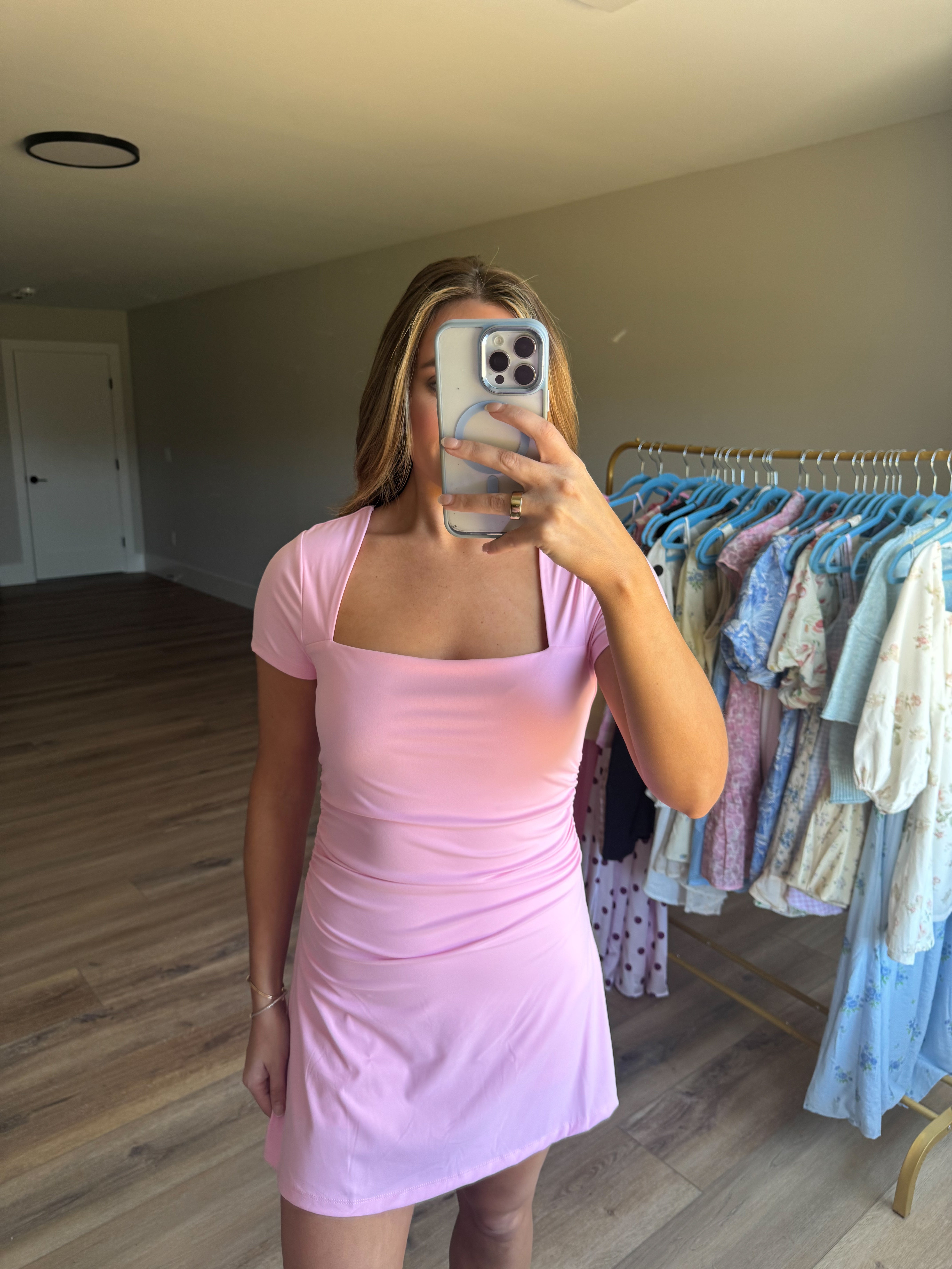 Pink Square Neckline Athleisure Dress