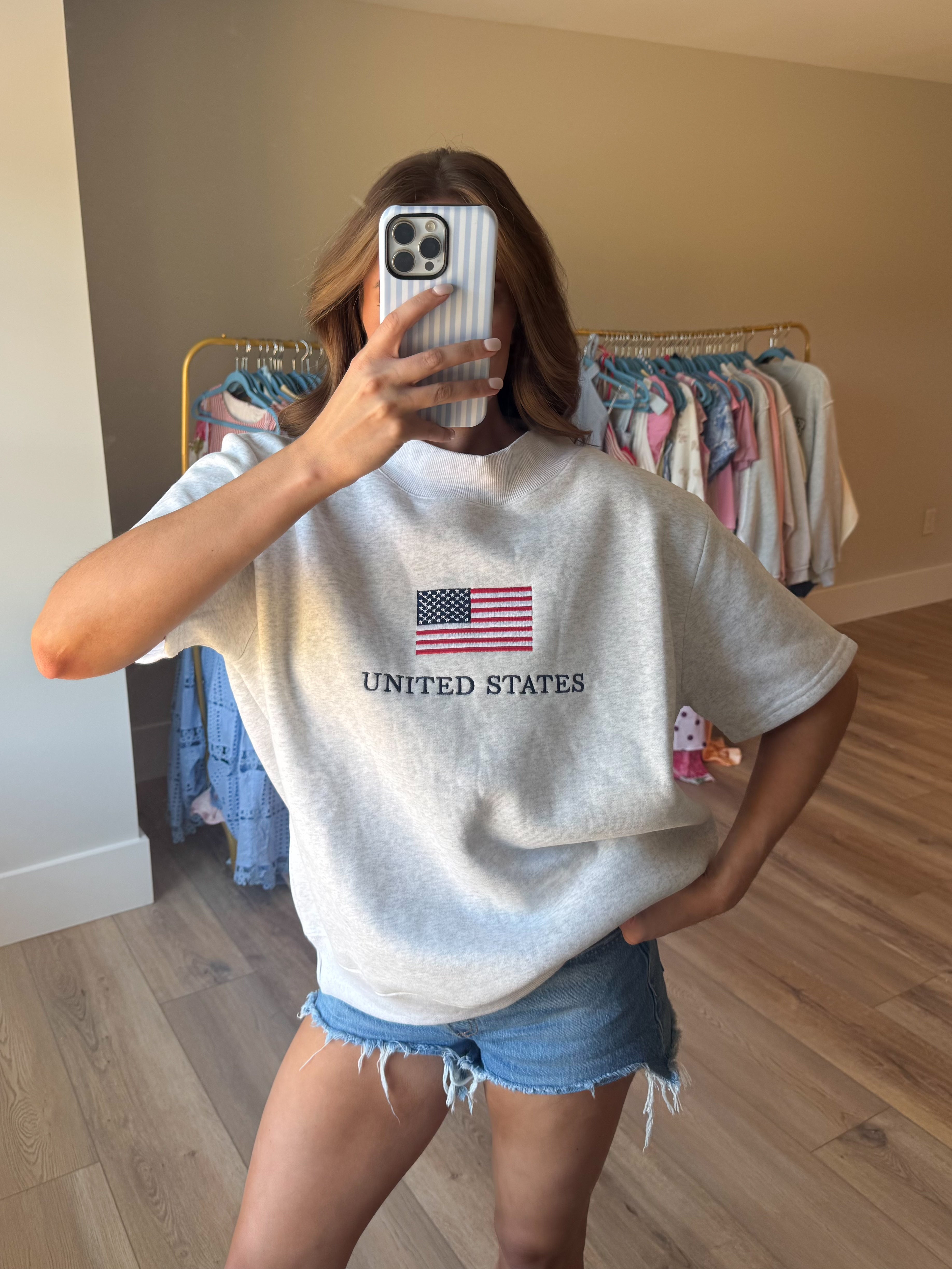 United States Flag Embroider Mockneck Short Sleeve Sweatshirt