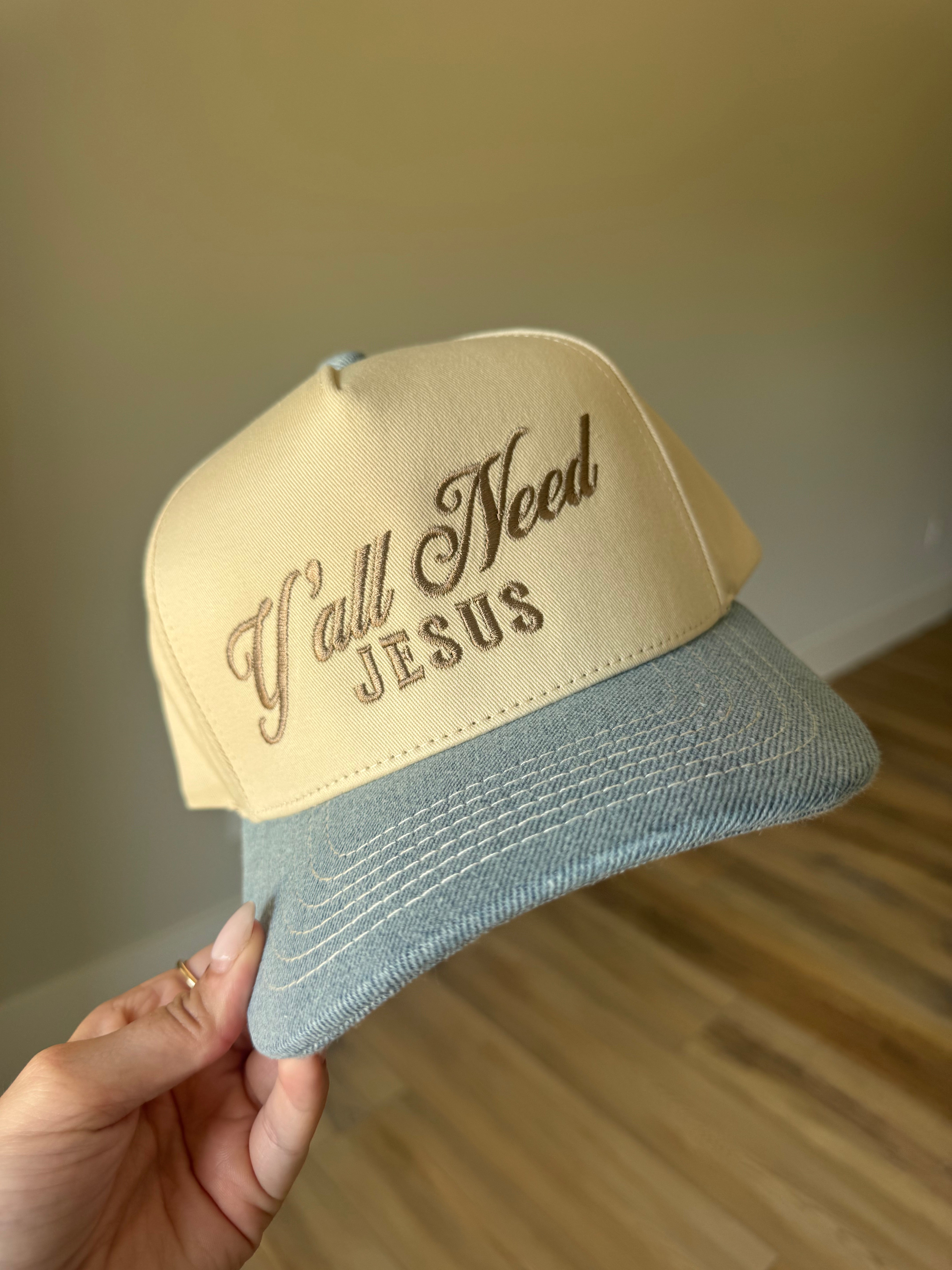 'Y'all Need Jesus' Lettering Embroidered Trucker Hat - Denim