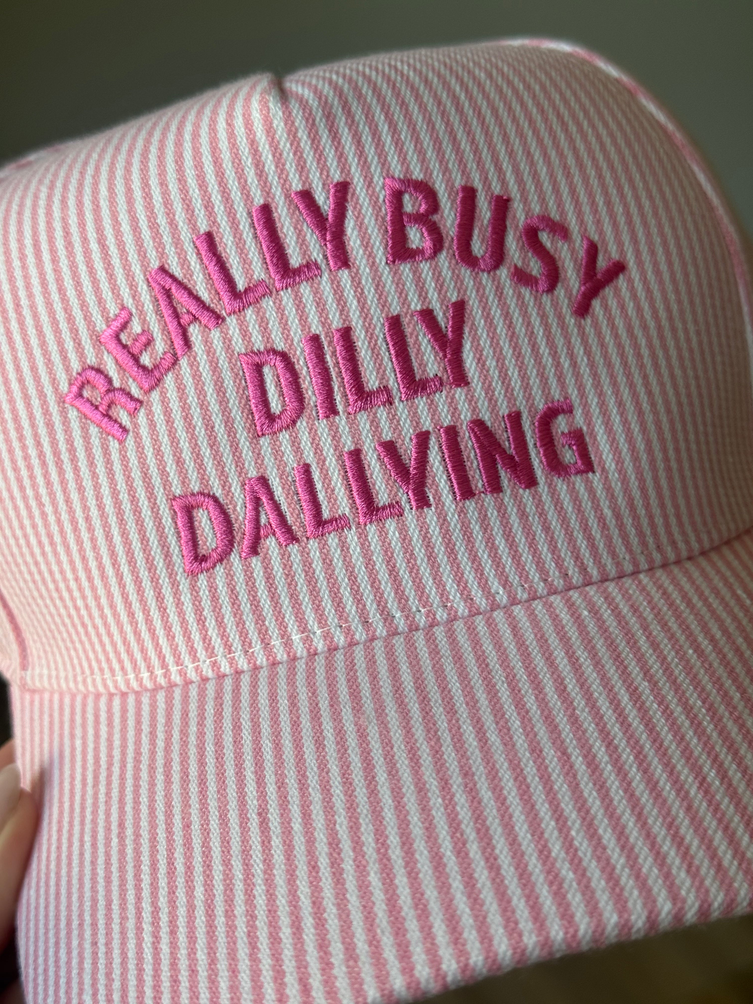 'Really Busy Dilly Dallying' Embroidered Seersucker Stripe Hat - Pink